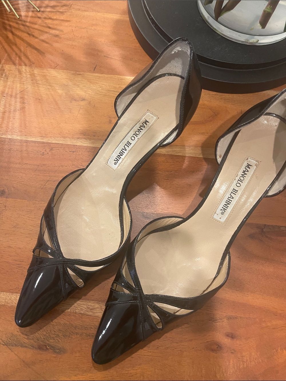 Manolo Blahnik Black Patent D'Orsay Pointed Toe Pumps with Strappy Cutouts